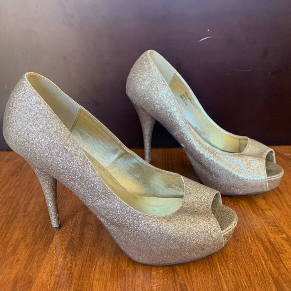 Steve Madden Gold Glitter Sparkly Peep Toe Heels - Picture 1 of 9